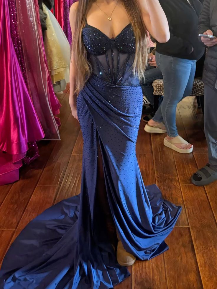 Chic Sheath Navy Blue Long Prom Dresses Satin Spaghetti Straps Evening Dresses with Slits Sleeveless Birthday Dresses ED05761
