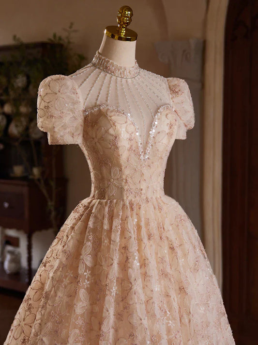 Champagne Pink Tulle Lace Tea Length Prom Dress with Beads HZ1024