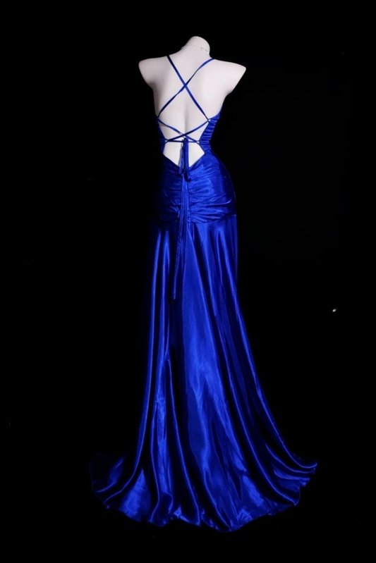 Chic Royal Blue Sheath Long Prom Dresses Satin Spaghetti Straps Evening Gowns Sleeveless Birthday Dresses ED05781