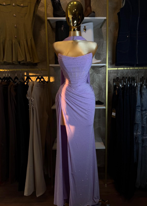 Elegant Lilac Sheath Long Prom Dresses Chiffon Strapless Evening Gowns Sleeveless Formal Dresses ED05811