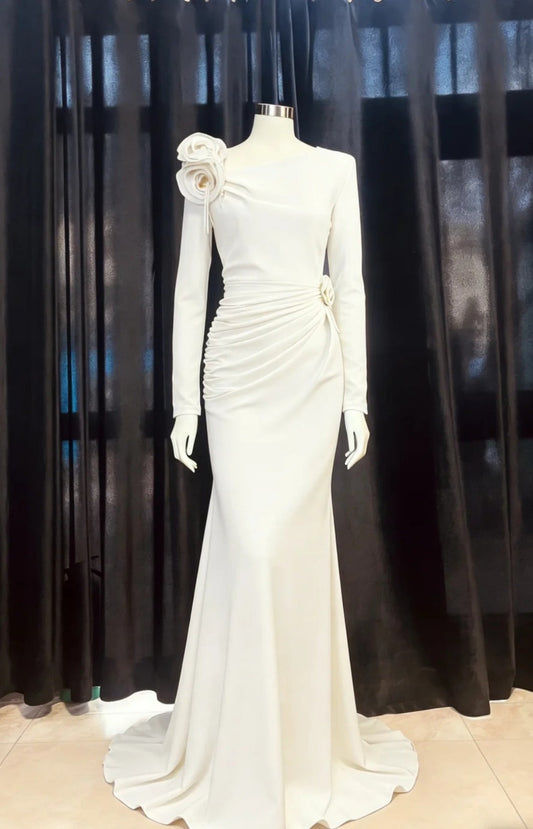 Elegant Blue Mermaid Long Prom Dresses Satin Irregular Collar Evening Dresses Long Sleeves Mother Of Bride Dresses ED05832