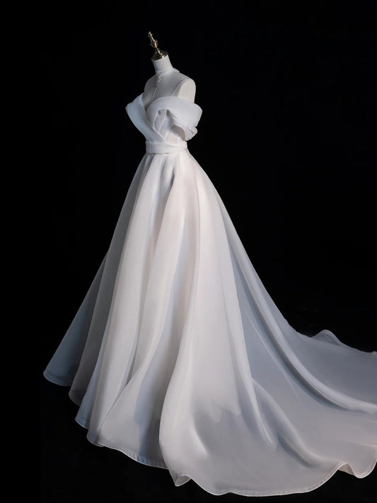 Timeless A-Line Long Wedding Dresses Tulle Off-shoulder White Bridal Gowns Sleeveless Bridal Dresses ED05839