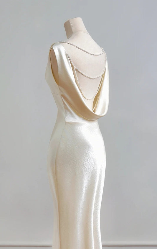 Chic Champagne Mermaid Long Prom Dresses Satin V-Neck Wedding Guest Dresses ED05850
