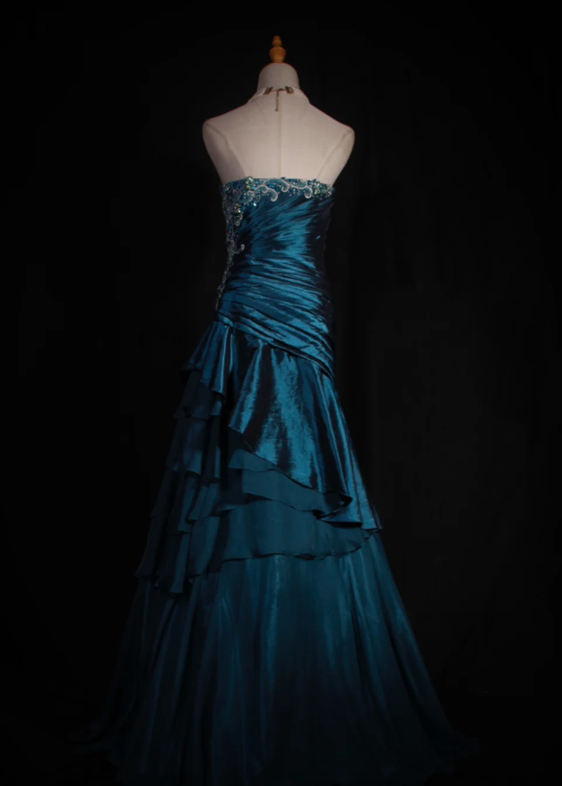 Retro Teal A-Line Long Prom Dresses Satin Beaded Strapless Evening Gowns ED05857