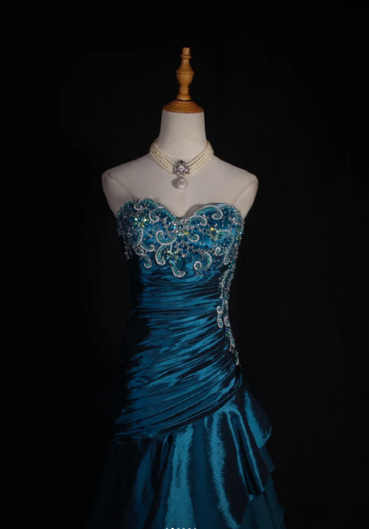 Retro Teal A-Line Long Prom Dresses Satin Beaded Strapless Evening Gowns ED05857