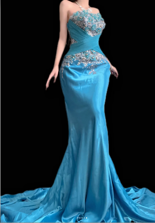 Retro Blue Mermaid Long Prom Dresses Satin Beaded Strapless Evening Gowns ED05858