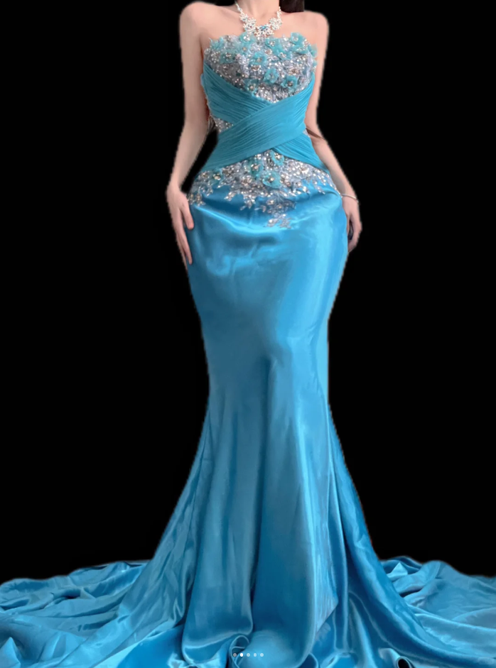 Retro Blue Mermaid Long Prom Dresses Satin Beaded Strapless Evening Gowns ED05858