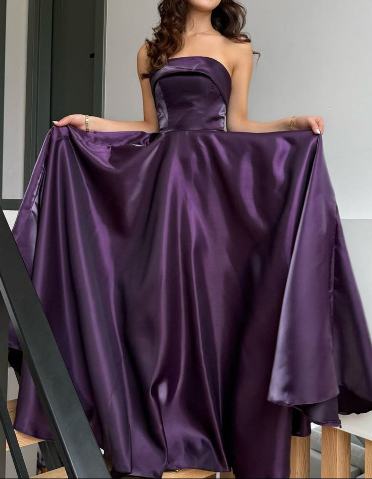 Elegant Purple A-Line Long Prom Dresses Satin Strapless Party Dresses Sleeveless Evening Dresses ED05888
