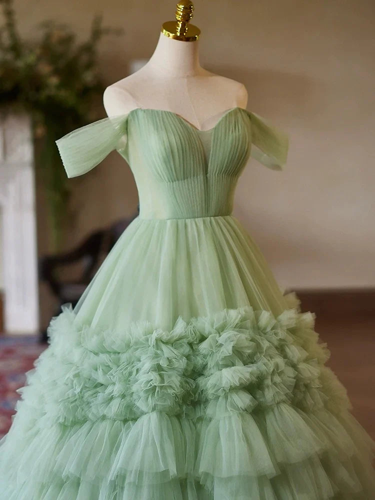 A-Line Off Shoulder Sweetheart Neck Tulle Green Long Prom Dress ED059
