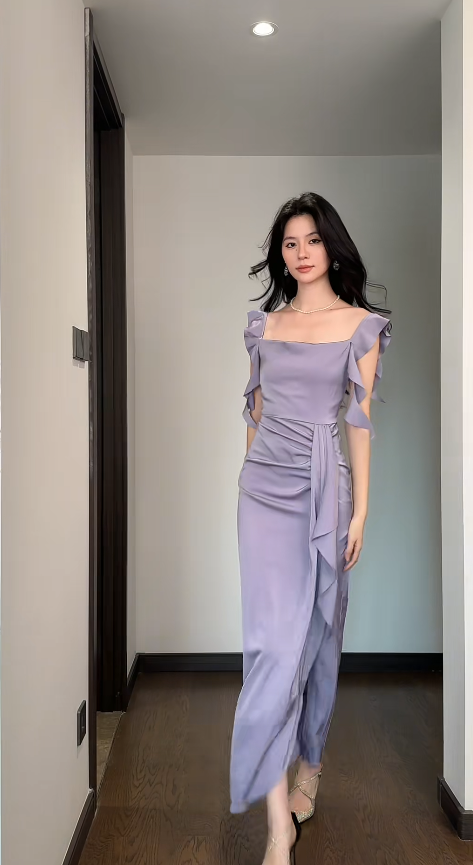 Simple Sheath Purple Wedding Guest Dresses Satin Straps Long Evening Dresses ED05928