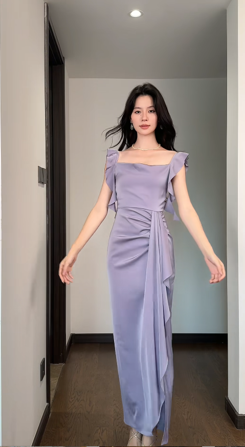 Simple Sheath Purple Wedding Guest Dresses Satin Straps Long Evening Dresses ED05928