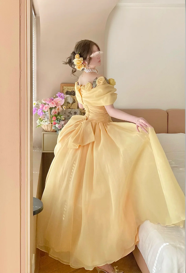 Fairy A-Line Yellow Long Prom Dresses Tulle Off-shoulder Birthday Dresses ED05930
