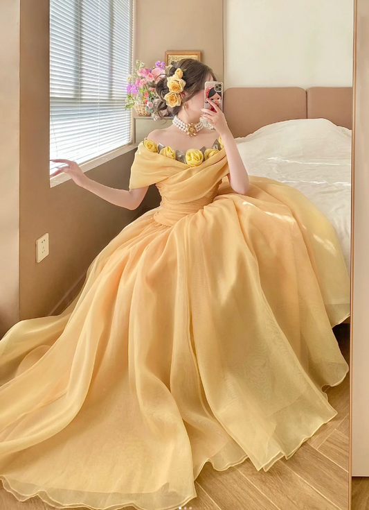 Fairy A-Line Yellow Long Prom Dresses Tulle Off-shoulder Birthday Dresses ED05930