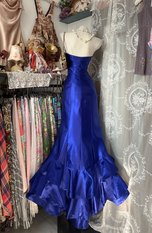 Chic Blue Mermaid Long Prom Dresses Satin Strapless Evening Dresses ED05946