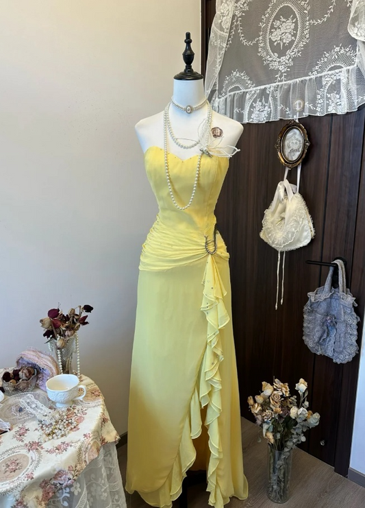 Cute Sheath Yellow Long Prom Dresses Chiffon Strapless Evening Dresses ED05989