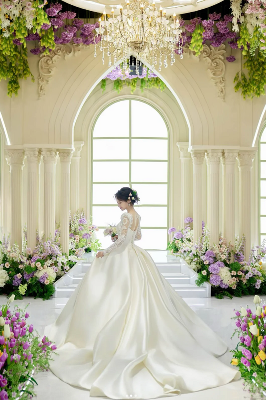 Chic A-Line Long Wedding Dresses Satin White Bridal Dresses Beaded Long Sleeves Bridal Gown ED05995