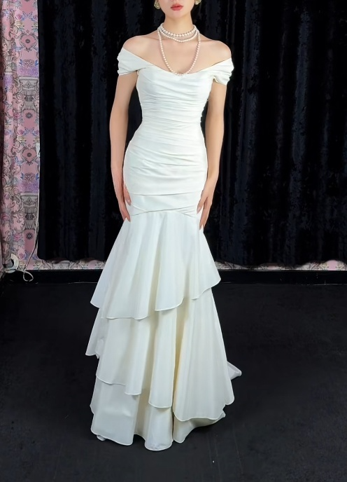Chic Mermaid White Bridal Shower Dresses Chiffon Off-shoulder Long Evening Dresses ED06000
