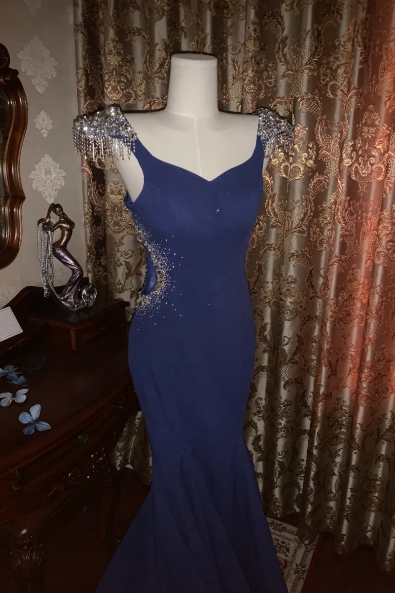 Elegant Navy Blue Long Prom Dresses Satin Mermaid Evening Dresses V-neck Sleeveless Formal Dresses ED06008