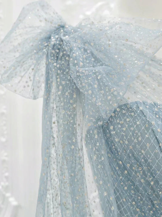 A-Line One Shoulder Tulle Sequin Gray Blue Long Prom Dress, Sequin Long Formal Dress ED0602