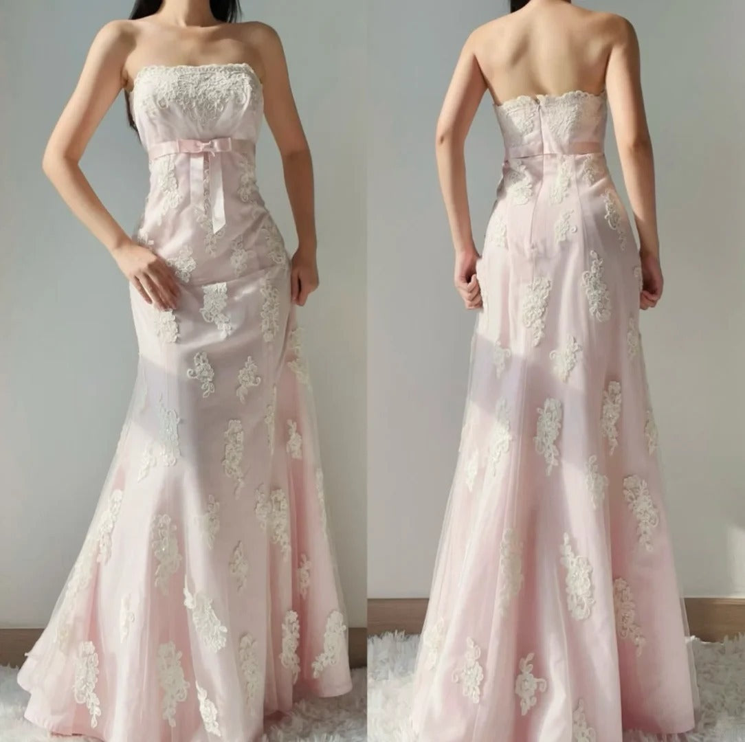 Fairy Mermaid Pink Long Prom Dresses Tulle Strapless Birthday Dresses ED06020