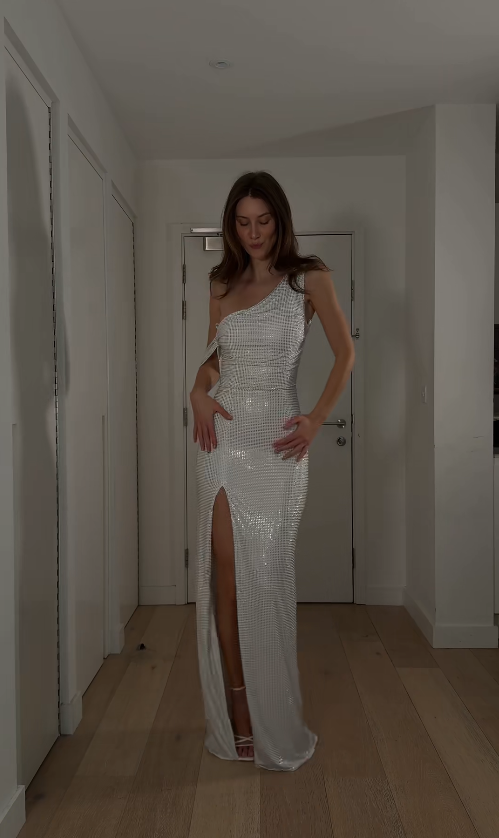 Elegant Sheath White Long Prom Dresses Chiffon Diamonds One-shoulder Evening Dresses ED06039