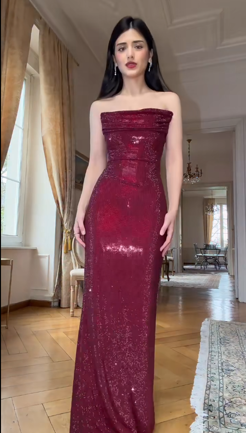 Sexy Sheath Burgundy Long Prom Dresses Tulle Strapless Evening Dresses ED06044