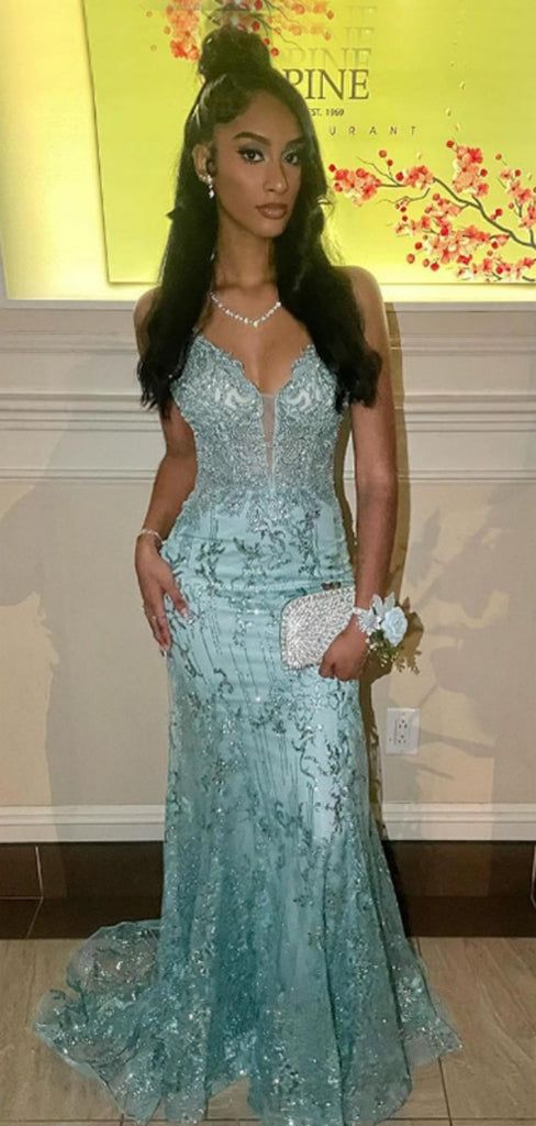 Sexy Mermaid Green Long Prom Dresses Tulle Sequins Spaghetti Straps Evening Dresses ED06048