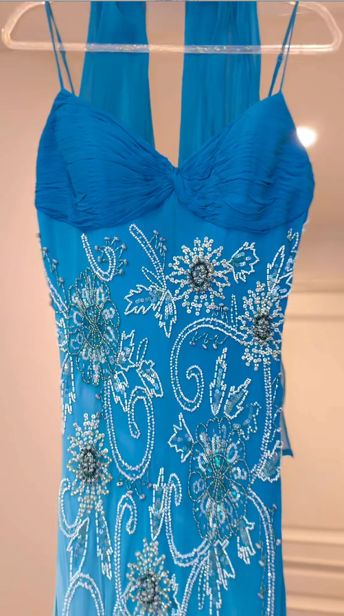 Vintage Blue Beadings Long Prom Dresses Chiffon Sheath Spaghetti Straps Evening Dresses Sleeveless Party Dresses ED06050