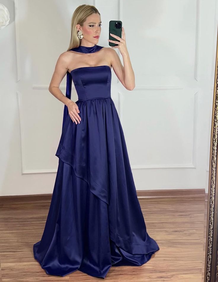 Elegant Strapless Navy Blue Long Prom Dresses Satin A-Line Bridesmaid Dress ED06059