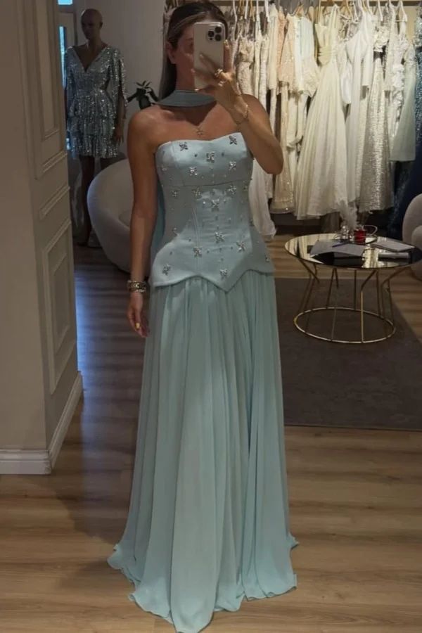 Elegant Strapless Tiffany Blue Long Prom Dresses Chiffon Sheath Bridesmaid Dress ED06060