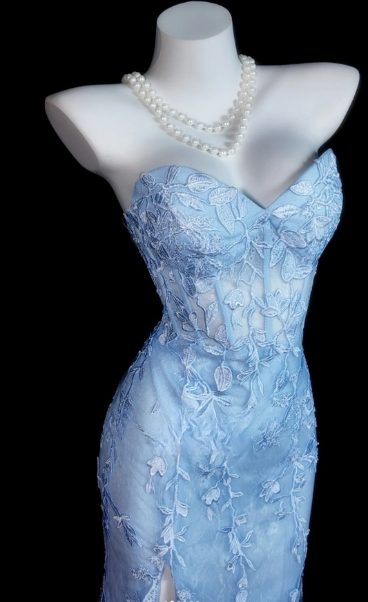 Chic Blue Long Prom Dresses Sweetheart Sheath Slit Evening Dresses Applique Tulle Sleeveless Formal Dresses ED06085