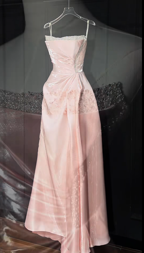Cute Pink Long Prom Dresses Strapless A-Line Birthday Dresses Satin Sleeveless Evening Dresses ED06086