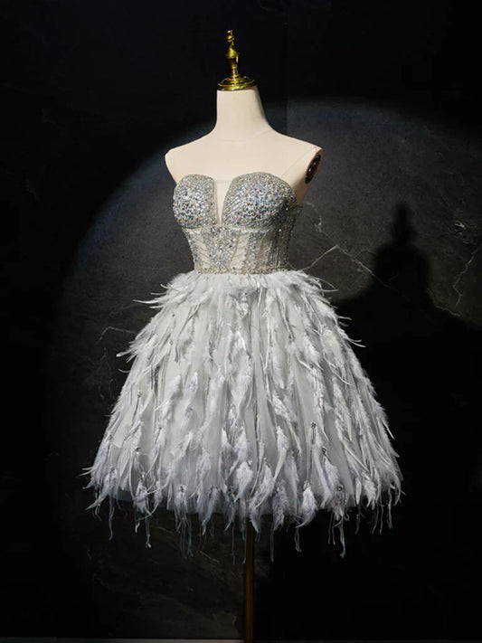 Sweetheart Neck Tulle Beads Feather Short Prom Dress, Cute Gray Homecoming Dress HZ1024