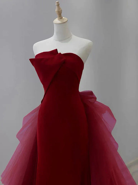 Tulle Velvet Burgundy Long Prom Dress, Burgundy Long Evening Dress HZ1024