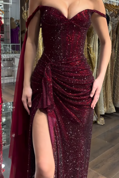 Sexy Dark Red Long Prom Dresses Tulle Off-shoulder Sheath Evening Dresses with Slit ED06156