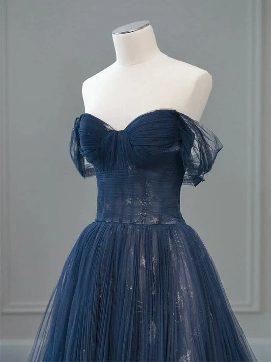A-Line Off Shoulder Tulle Lace Dark Blue Long Prom Dress ED062