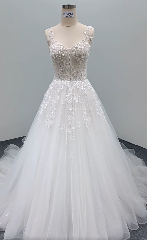 Timeless A-Line Long Wedding Dresses Tulle Spaghetti Straps White Bridal Gowns Sleeveless Bridal Dresses ED06244