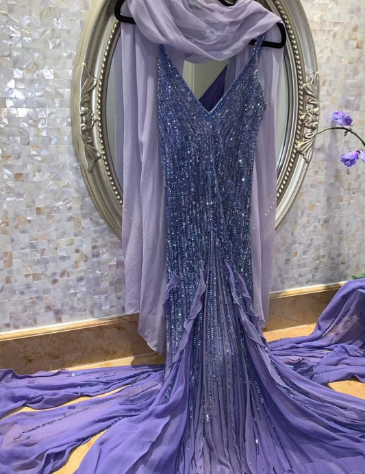 Gorgeous Sheath Purple Long Prom Dresses, Chiffon Beaded Spagehetti Straps Evening Dresses, Sleeveless Birthday Dresses ED06262