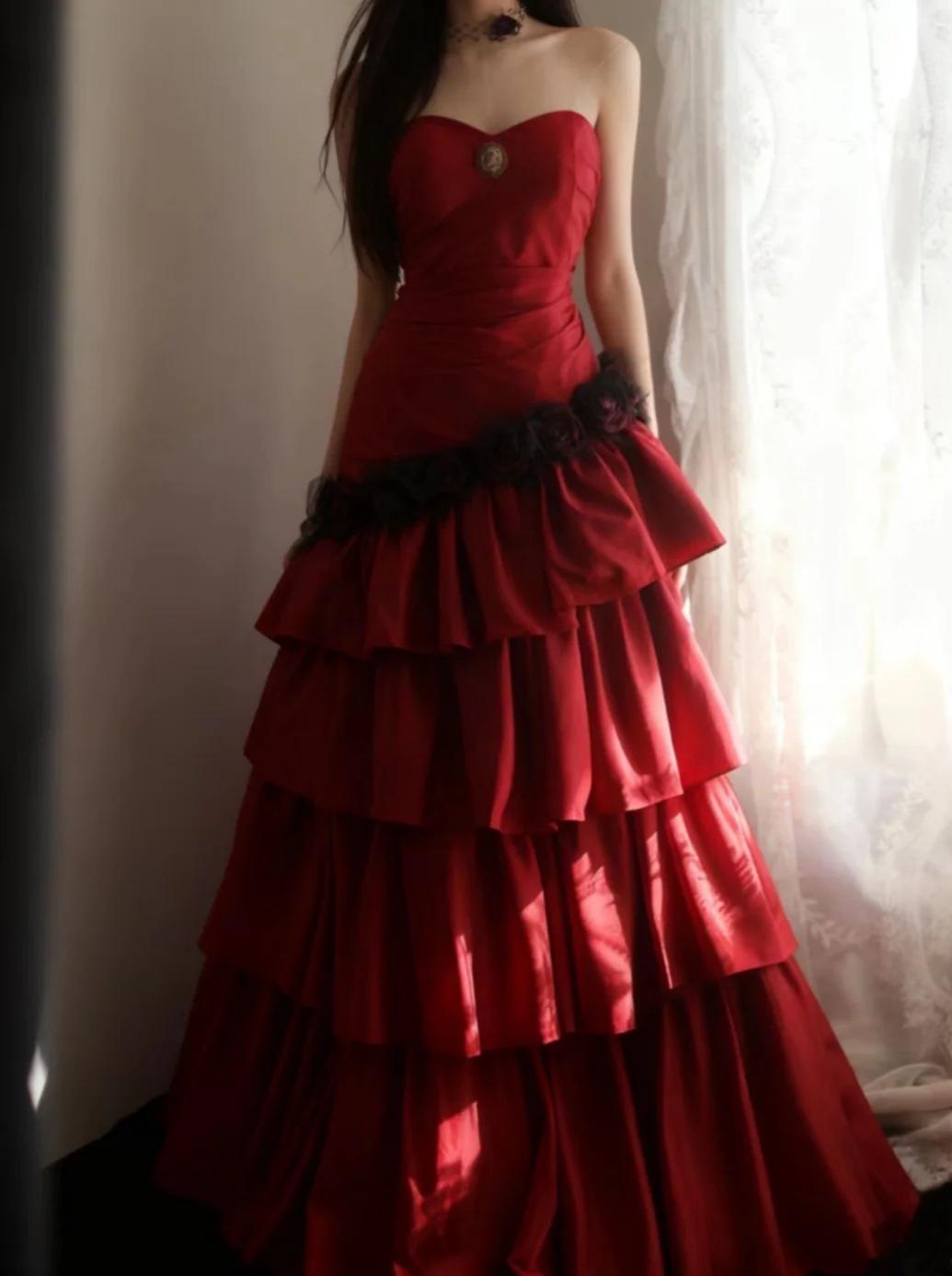Fairy Sheath Burgundy Long Prom Dresses, Tiered Satin Strapless Evening Dresses, Sleeveless Birthday Dresses ED06270
