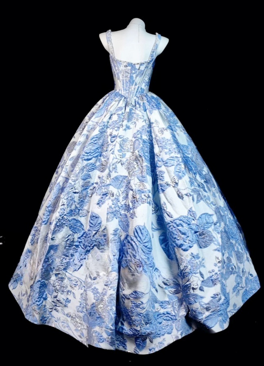 Elegant A-line Blue Long Prom Dresses Jacquard Satin Straps Evening Dresses ED06289