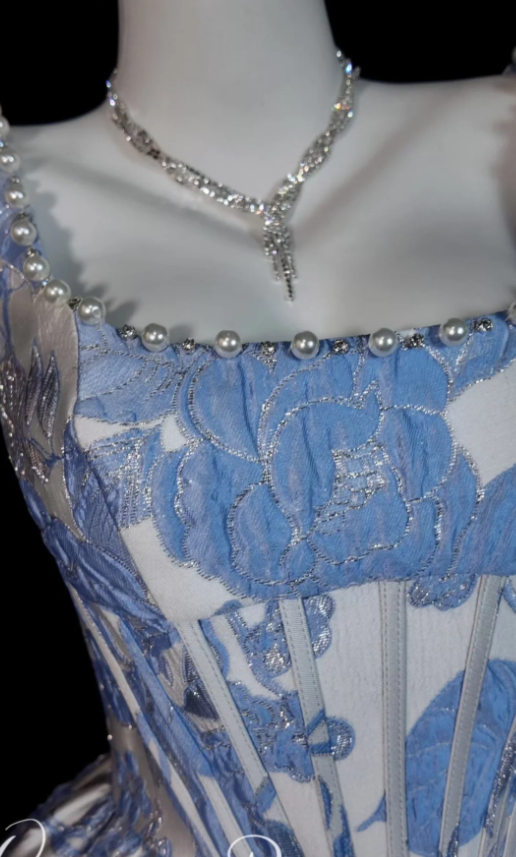 Elegant A-line Blue Long Prom Dresses Jacquard Satin Straps Evening Dresses ED06289