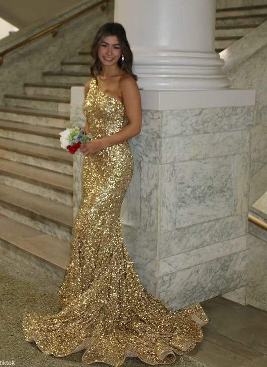 Elegant Sheath Gold Long Prom Dresses Sequins One-shoulder Sleeveless Evening Dresses ED06295