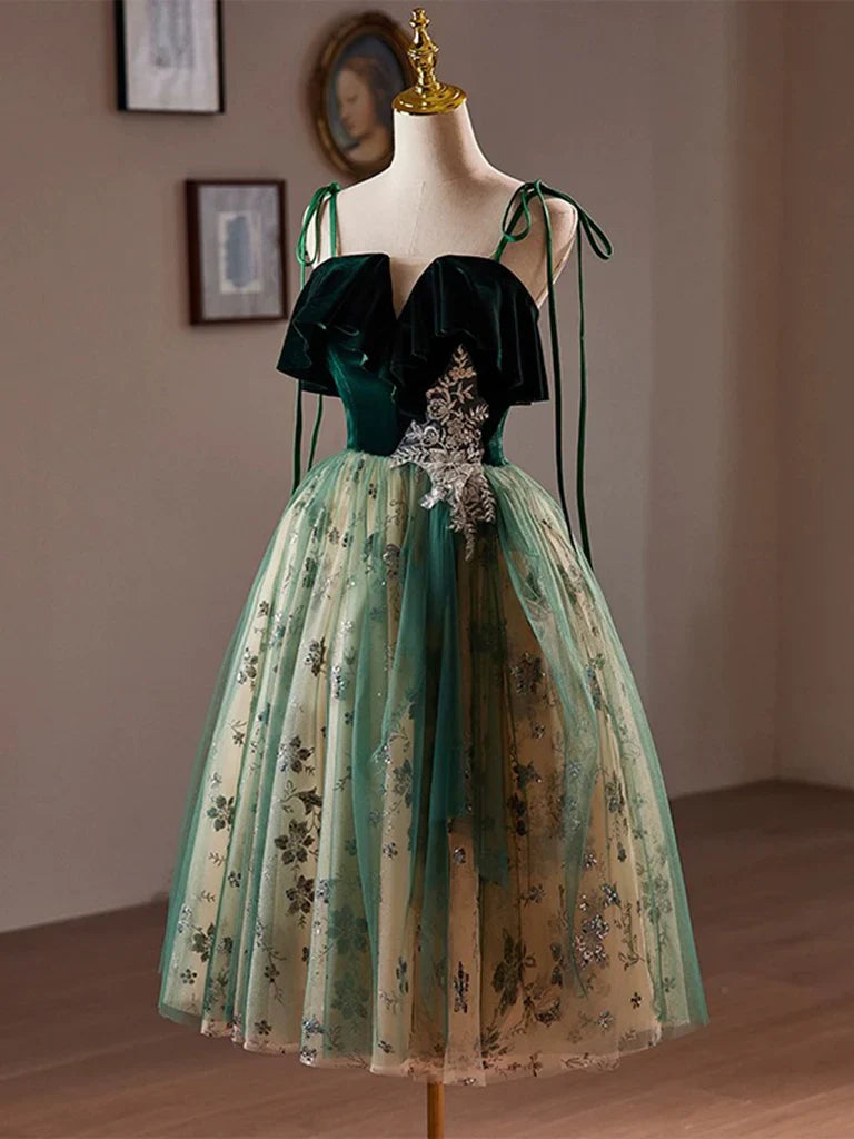 A-Line Tulle Lace Sequin Green Short Prom Dress, Green Homecoming Dress ED063