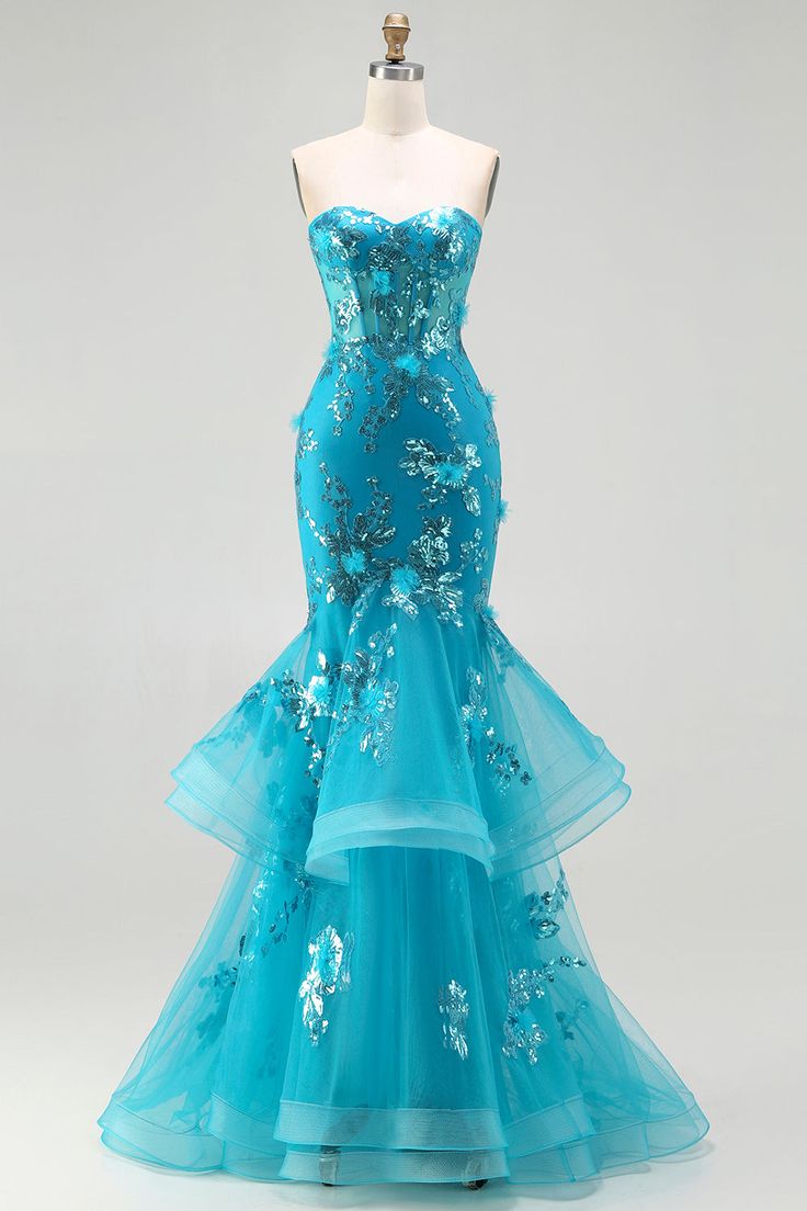 Chic Mermaid Turquoise Long Prom Dress Appliques Sequins Tulle Strapless Evening Dress ED06316