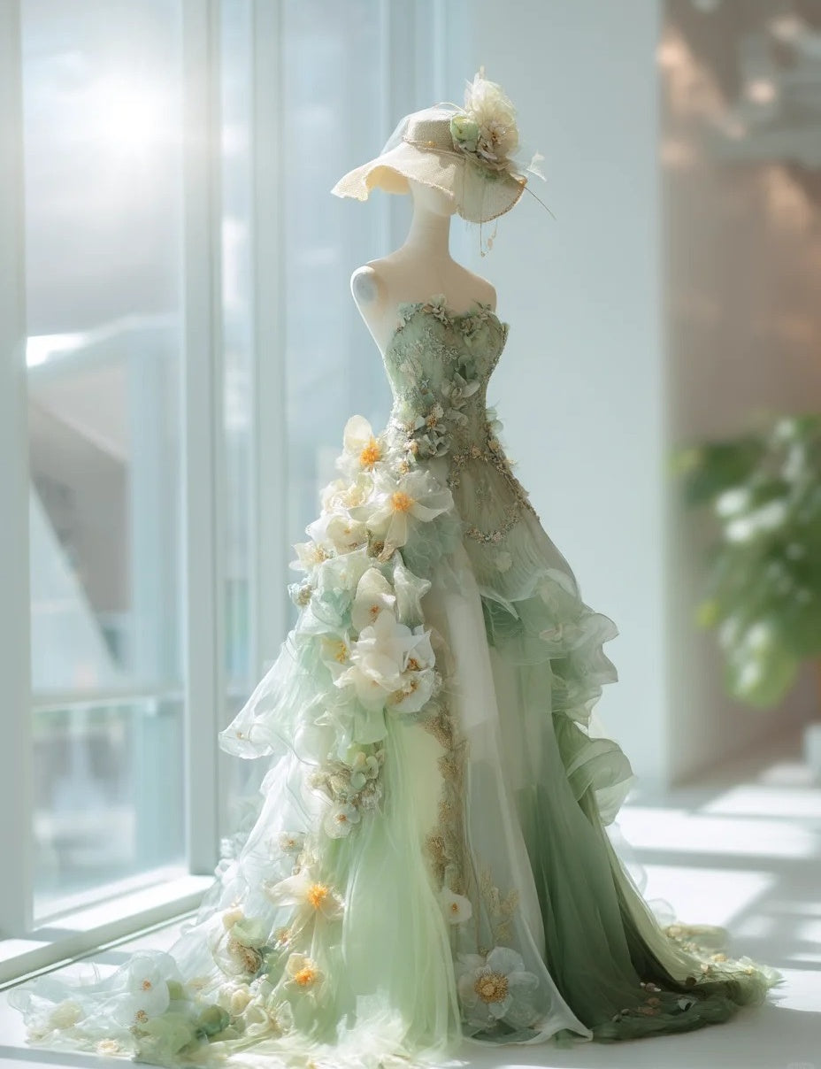 Fairy A-Line Green Long Prom Dress Appliques Tulle Sleeveless Sweet 16 Dresses Beaded Sweetheart Evening Dress ED06332