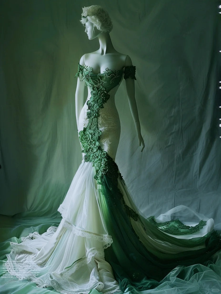 Elegant Mermaid Green Long Prom Dress Appliques Tulle Sleeveless Off-shoulder Evening Dress ED06334