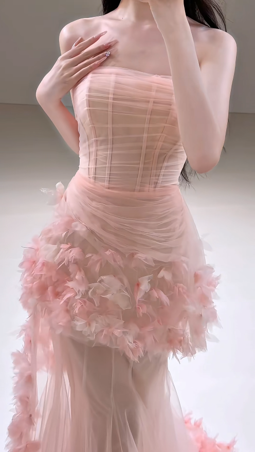 Cute Mermaid Pink Long Prom Dress Flowers Tulle Strapless Evening Dress Sleeveless Birthday Dress ED06340