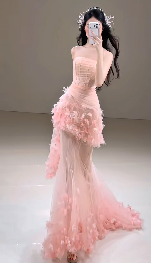 Cute Mermaid Pink Long Prom Dress Flowers Tulle Strapless Evening Dress Sleeveless Birthday Dress ED06340