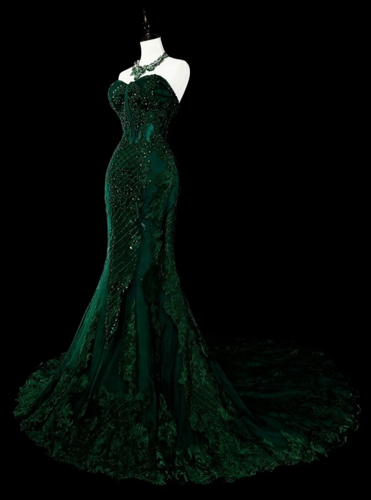 Gorgeous Mermaid Dark Green Long Prom Dress Applique Tulle Sweetheart Evening Dress ED06368