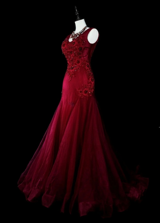 Gorgeous Mermaid Burgundy Long Prom Dress Applique Tulle Beaded V-neck Evening Dress ED06369